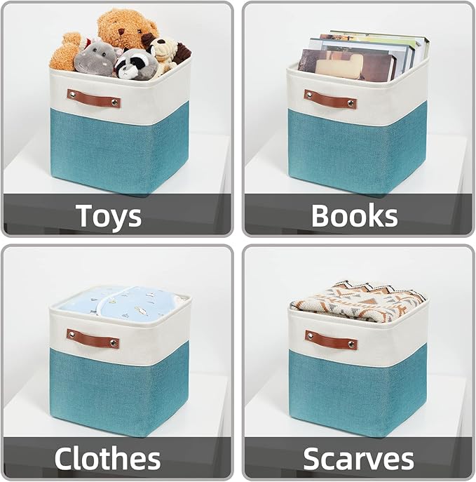 HNZIGE Fabric Storage Cube Bins Baskets for Organizing, 11 inch Cube Storage Baskets, Set of 4, Collapsible Storage Baskets with Handles, Closet Organizers Storage Home Toy Nursery room(White Teal)