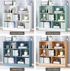 IOTXY Open Shelf Low Bookcase - Wooden 3-Tier Floor Standing Display Cabinet Organizer with Base, 7 Cubes Short Horizontal Bookshelf in Pear Yellow