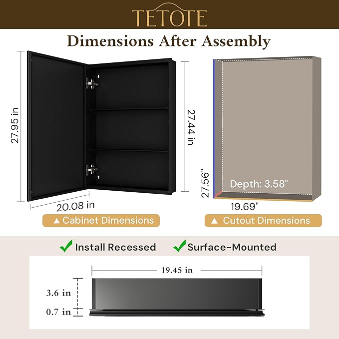 TETOTE 20 x 28 Bathroom Mirror with Storage with Tempered Beveled Mirror Black Medicine Cabinet Aluminum Cabinet DTC Hinges, Stepless Adjustable Shelves, Recessed/Surface-Mounted