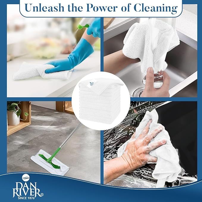DAN RIVER 12-Pack White Microfiber Towels – Ultra Absorbent, Lint-Free & Streak-Free dust Cloths for Home, Car & Kitchen - Must-Have Cleaning Essentials - 12" x 12"