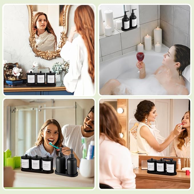 Yaomiao 5 Pack Bathroom Accessories Set, Modern Bathroom Decor Sets, Glass Liquid Soap Dispenser, Vanity Tray, Toothbrush Holder, Cotton Swab Jars with Lids for Sink Countertop(Black,Frosted)