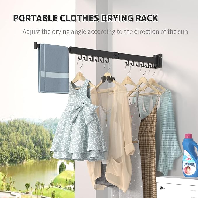 BESTHLS Wall Mounted Portable Clothes Drying Rack with Space Saver Clothes Hangers Design Universal for Balcony Mudroom Bedroom Kitchen Foldable Laundry Rack (2-Pole Black)