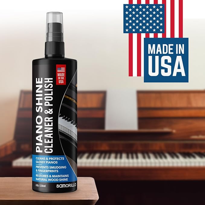 Piano Shine Polish & Cleaner - Clean, Polish, Wax & Protect Glossy Pianos & Surfaces - Made in USA - 8 oz Cleaning Solution with Added UV Protectant & Anti-Static - Prevents Dust & Smudges
