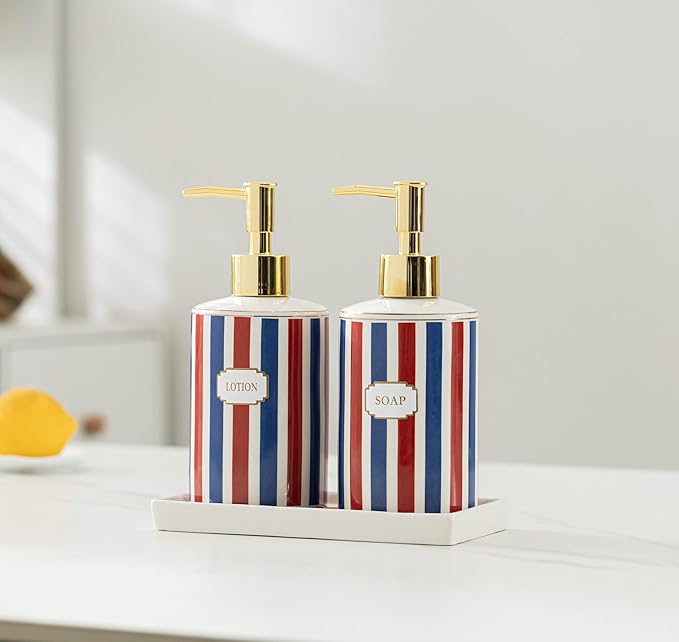 Patriotic Red, White & Blue Ceramic Soap Dispenser Set with Gold Pump – 3-Piece Bathroom & Kitchen Accessories with Tray, Refillable Lotion & Dish Soap Pump Bottles for Fourth of July & Nautical Décor