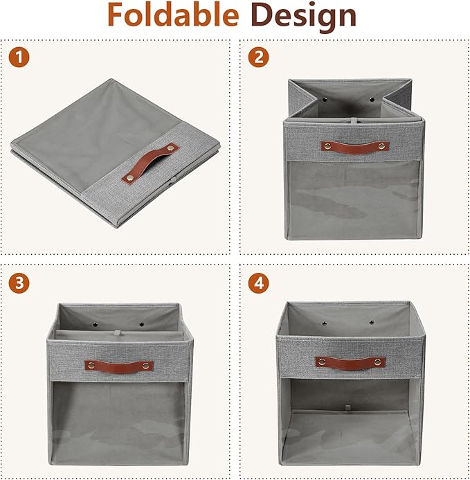 Storage Cube Organizer with Clear Window, Linen Collapsible Storage Boxes with PU Handles, Cube Storage Bins for Shelf, Closet, Cabinet, Bookcase (13x13x13, Gray)