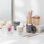 rejomiik Glass Qtip Holder Dispenser 2 Pack, Bathroom Canister Apothecary Jars with Lids, Vanity Makeup Accessories Storage Organizer for Cotton Swabs, Cotton Balls, Pads, Floss Picks, Clear