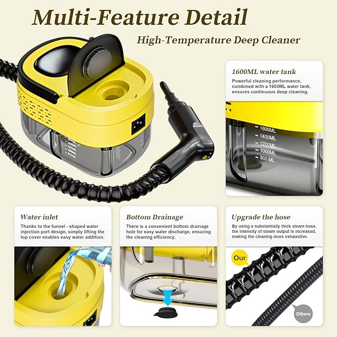 Steam Cleaner,15s Heat-Up,1.6L Tank,3-Level Adjustable Handle,2500W Steamer for Cleaning,Portable Steamer for Cleaning with 16PCS Accessories,Steam Cleaner for Home,Car,Dirt,Grease,Grout,Tile,Couch