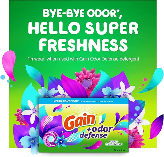 Gain + Odor Defense Dryer Sheets, Super Fresh Blast Scent Fabric Softener Sheets, 240 ct (Pack of 2)