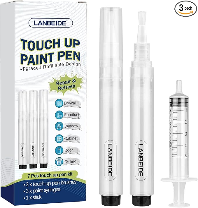 LANBEIDE Refillable Touch Up Paint Pens, 3Pcs Paint Brush Pens for Walls Repair, Furniture Repair Kit for Drywall, Wood Floors, Cabinets, Windows, Doors, Desks 6ML