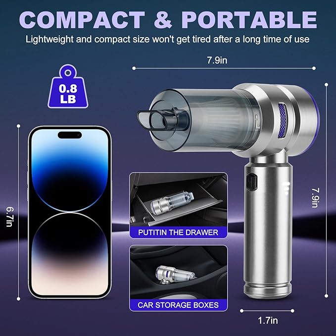 Handheld Car Vacuum Portable Cordless - 18000PA High Power with Brushless Motor, 4-in-1 Air Duster, Blower, Pump & Rechargeable Mini Vacuum for Car, Home, Office (Silver Grey+Blue)