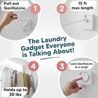 GorillaLine Basic - Retractable Clothesline Indoor Outdoor Clothes Line - Heavy Duty Clothes Drying Laundry Line - Wall Mounted Drying Rack - Air Dry Clothing - 15ft line Max Tighten with GorillaGrip