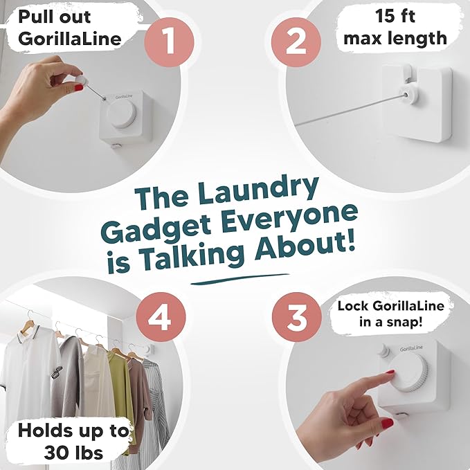 GorillaLine Basic - Retractable Clothesline Indoor Outdoor Clothes Line - Heavy Duty Clothes Drying Laundry Line - Wall Mounted Drying Rack - Air Dry Clothing - 15ft line Max Tighten with GorillaGrip