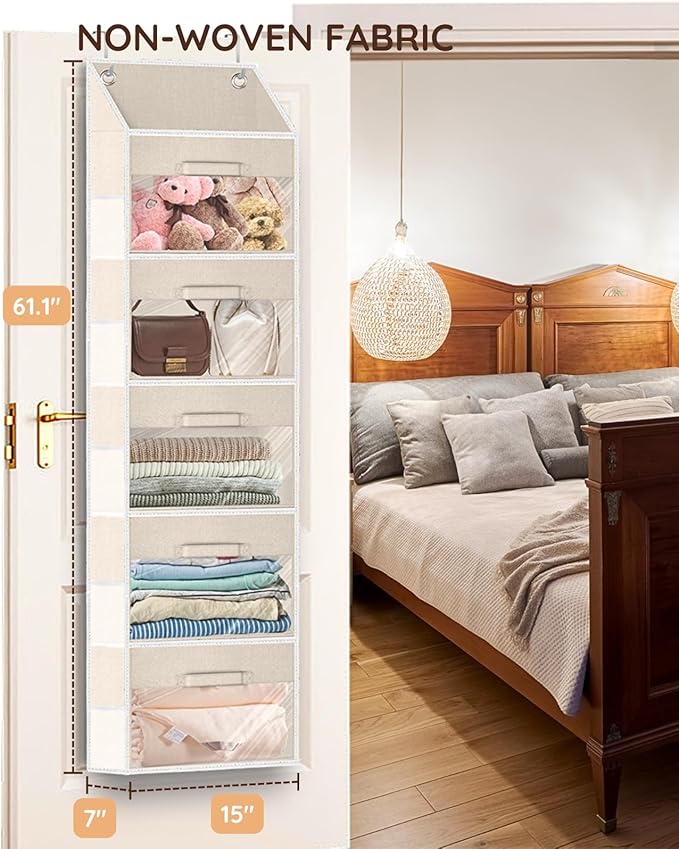 Ofiray-home Over Door Organizer with Drawers, 5-Tier Hanging Storage, Removable Bins & 10 Side Pockets. For Closet, Baby Items, Yarn, Bedding, Clothes, Toys, Towels - Beige
