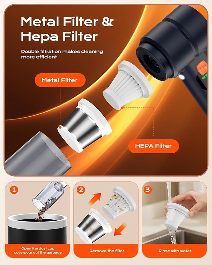 Car Vacuum Portable Cordless, Handheld Vacuum Cordless with 30000PA Suction, 130000RPM, 6800mAh Battery, 10 Nozzles, Rubber Paint Material for Car, Home, Pet Cleaning（Black Orange）