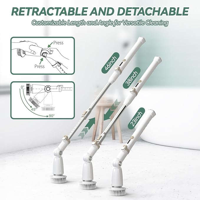 DIAFIELD Electric Spin Scrubber, Cordless Cleaning Brush with 8 Replaceable Brush Heads and Detachable & Adjustable Extension Handle, Dual Speed Shower Scrubber for Cleaning Shower, Tile, Wall, Floor