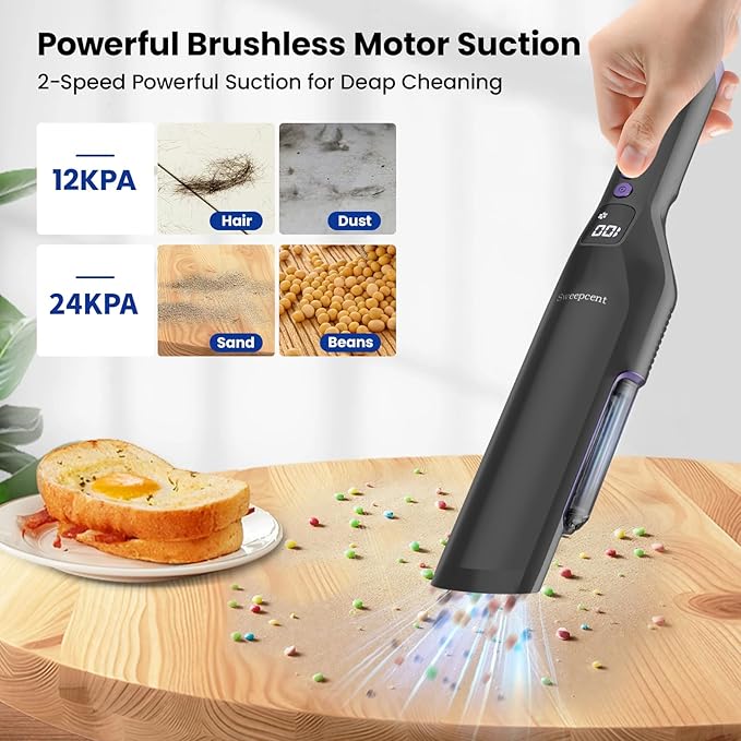 Cordless Handheld Vacuum, 24Kpa Car Vacuum with Brushless Motor, Charging Dock, 2in1 Flat Nozzle, Sofa Brush, 1.5lb Portable Handheld Vacuum with 2-Speed for Home, Car, Pet, Office, Purple