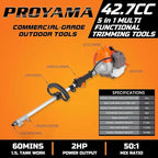 PROYAMA Powerful 42.7cc 5 in 1 Multi Functional Trimming Tools,Gas Hedge Trimmer,Weed Eater,String Trimmer, Brush Cutter,Pole Saw with Extension Pole