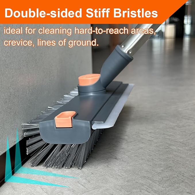 Floor Scrub Brush with Long Handle, BITOPE 3 in 1 Stiff Bristles Deck Brush 360° Rotating Floor Scrubber with Squeegee, Tweezer for Clean Patio, Deck, Tile, Concrete, Balcony Outdoor