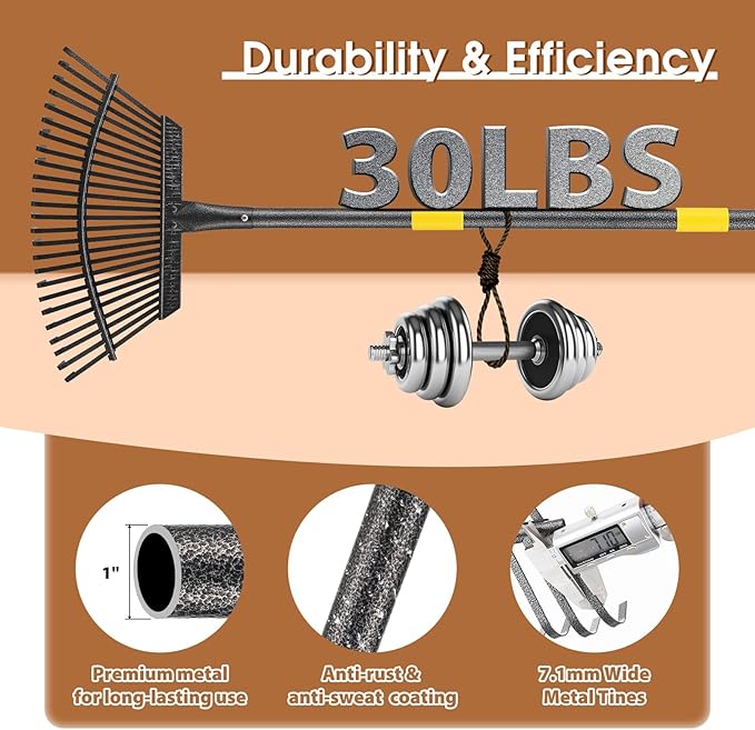 Leaf Rake 18” Wide Heavy Duty Metal 25 Tines Garden Rake Set with 30-75” Adjustable Long Handle for Yard Grass Shrub Mulch Including 32Gallon Garden Bag Leaf Scoops