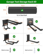 64 inches Garage Tool Organizer Wall Mount, Heavy Duty Garden Tool Organizer Rack, Hanging Storage Organization Racks Holder with 10 Hooks, for Lawn Tools, Shovel, Shed