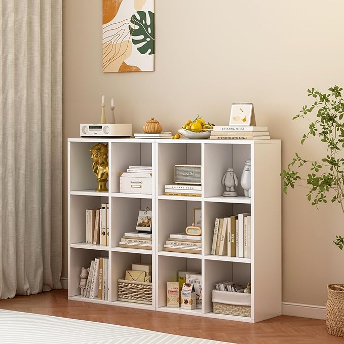 6-Cube Storage Shelf Bookcase - Wooden 3-Tier Floor Standing Open Bookshelf for Home and Office, Display Cabinet, Warm White