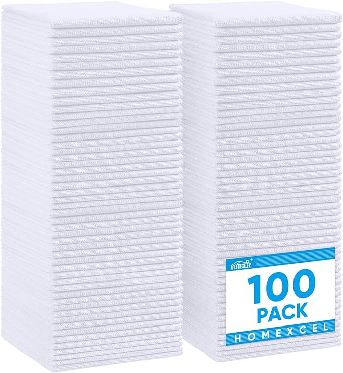 HOMEXCEL White Microfiber Cleaning Cloth, 100 Pack Cleaning Towels for Kitchen, Lint Free, Scratch-Free, Highly Absorbent, and Reusable Cleaning Rags for House, Window and Glass, Cars, 11.5 X11.5 inch