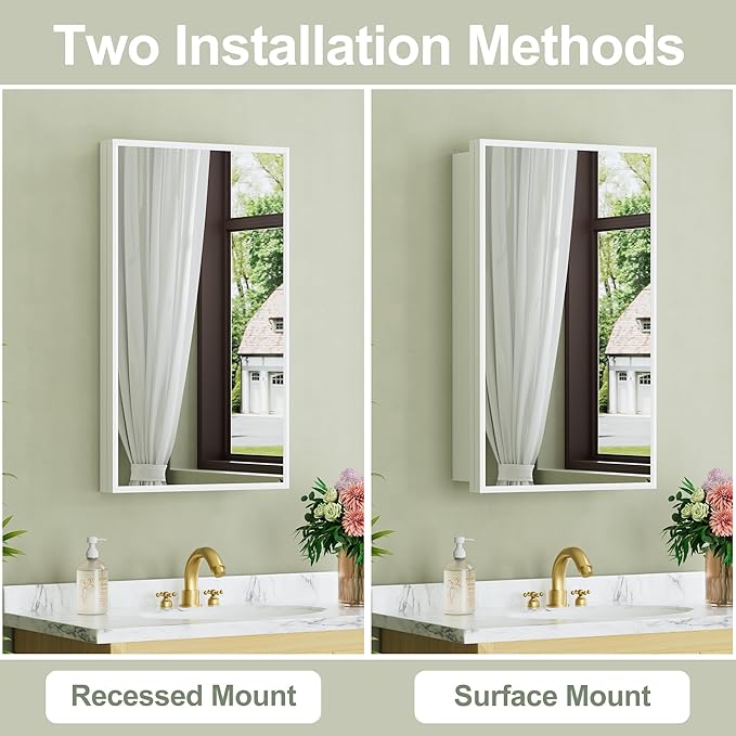 Buruis 14"x 24" Framed Medicine Cabinet with Mirror, Recessed or Wall Mounted Bathroom Cabinet, Adjustable Tempered Glass Shelves, Left/Right Open Reversible, No Assembly Required, White