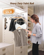 Supforce Valet Rod for Closets, 12" Valet Rod With 4 Hooks, Closet Organizer Slide Out Clothing Hanger Rods Extender Perfect for Suits,Dresses,Belt,Tie, Polished Chrome