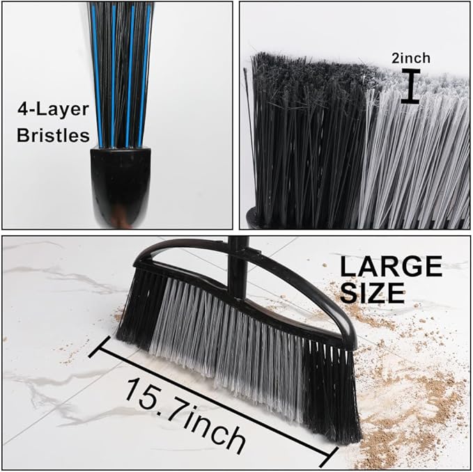 Heavy Duty Outdoor Broom - 15.7'' Wide, Long Handle, Angle Broom with Stiff Bristles for Patio, Garden, Garage, Yard (Black)
