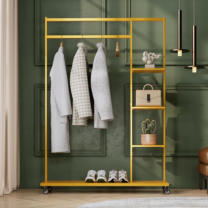 Gold clothing rack with shelves,Heavy Duty clothes rack with wheels,Rolling Garment Rack for hanging clothes with 4 flank Shelves,Portable Wardrobe Closets Organizer for Bedroom/Boutique