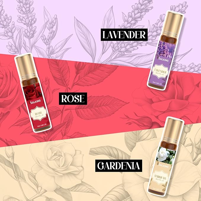 SALKING Essential Oils Roll On Set (6 Pack), Aromatherapy Oil with Roller Ball for Skin Use, Natural Fragrance Gift for Women and Men - Sandalwood, Eucalyptus, Peppermint, Lavender, Rose, Gardenia