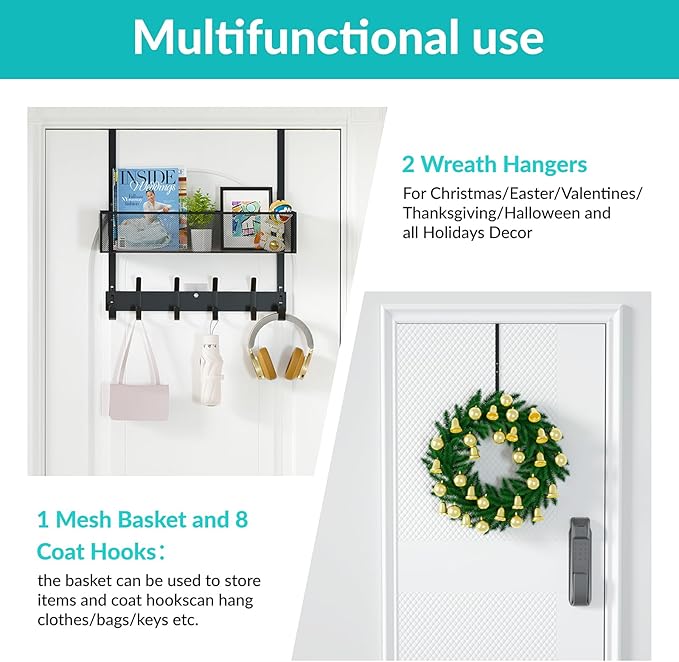 LUCYCAZ Over The Door Hooks - Over Door Organizer, Door Hanger Towel Rack with Mesh Basket & Wreath Hanger, Behind Door Storage Coat Hooks for Bathroom, Bedroom, Kitchen (Black)
