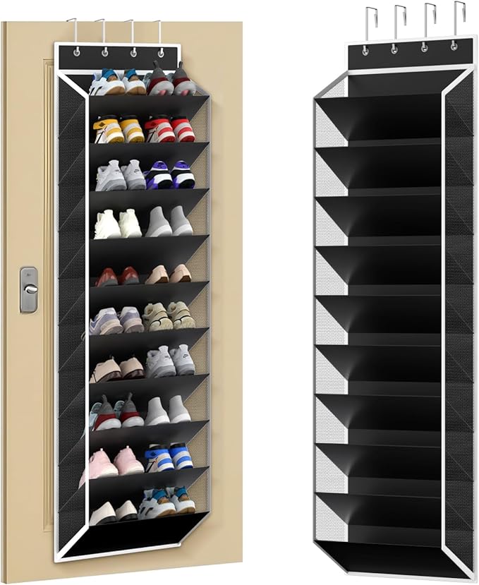 KEEPJOY 10 Tiers Mesh Over Door Shoe Organizer Storage, Hanging Shoe Holder for Door with Large Deep Pockets, Fit 20-30 Pairs Shoe Rack for Sneakers, Boots(Black)