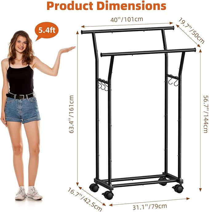 Luxspire Double Rods Clothes Rack for Hanging Clothes, Rolling Clothing Rack with Side Hooks, Bottom Shelves, 360° Wheels, Garment Racks for Bedroom, Laundry, Living Room, Black