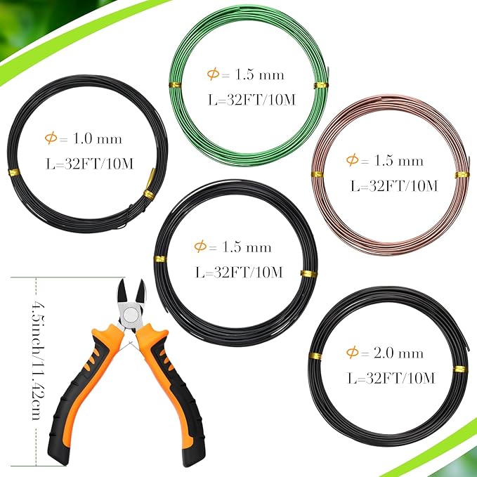 5 Roll Aluminum Bonsai Training Wire & Cutter Set - 160 Feet Total with Adjustable Anodized Wire 1/1.5/2.0 mm for Fine Trunk & Branch Control