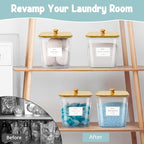 4 Pack Laundry Pods Containers & Plastic Powder Detergent Holder Set, Laundry Room Organization and Storage, Clear Organizer Jars with Lids, Scoops & Labels for Scent Beads, Dryer Balls, Lint