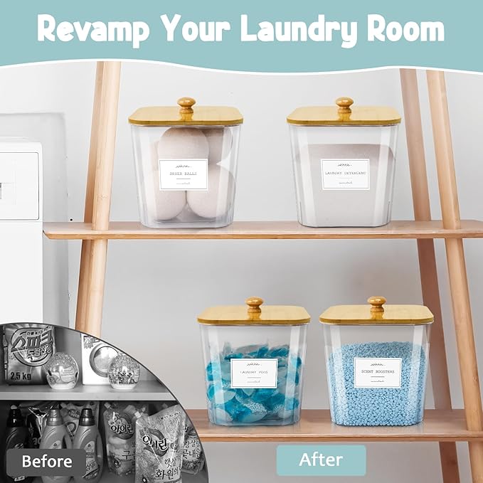 4 Pack Laundry Pods Containers & Plastic Powder Detergent Holder Set, Laundry Room Organization and Storage, Clear Organizer Jars with Lids, Scoops & Labels for Scent Beads, Dryer Balls, Lint