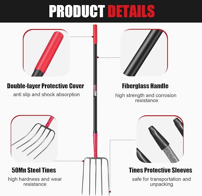 5-Tine Pitch Fork Garden Forks Heavy Duty Manure Fork Pitchfork with Long Fiberglass Handle for Garden Farm Yardwork,58 inches