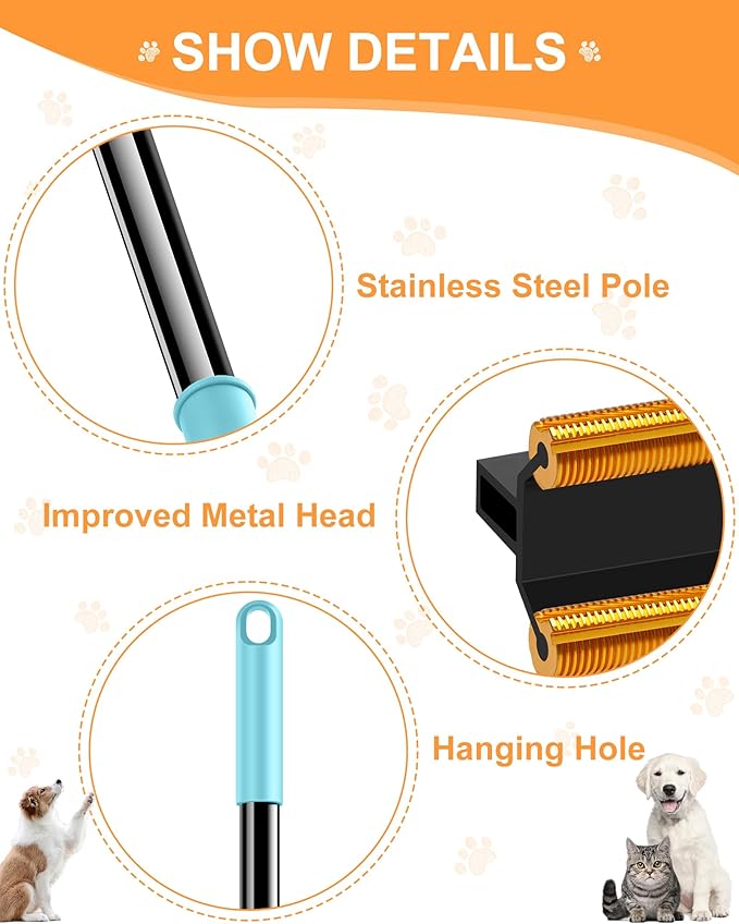 3 in 1 Carpet Rake for Pet Hair Removal Tool, 51” Adjustable Long Handle Pet Hair Removal Broom, Pet Grooming Brush, Cat Dog Hair Remover Carpet Scraper for Rugs, Mats