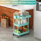 Goovilla 3 Tier Rolling Utility Cart Organizer with Removable Drawer, Stable and Sturdy Blue Rolling Storage Carts with 2 Lockable Wheels for Bathroom, Kitchen, Snack, Craft, Makeup, Baby Essentials