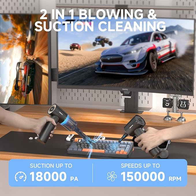 REIKIYA Compressed Air Duster 150000RPM Portable Air Blower for Computer, Keyboard with LED Light, 7800mAh Rechargeable 18000Pa Cordless Portable Vacuum Cleaner for Car Home Office