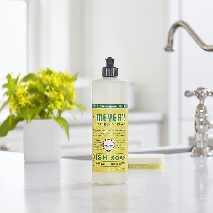 MRS. MEYER'S CLEAN DAY Liquid Dish Soap, Cruelty Free Formula, Honeysuckle Scent, 16 oz- Pack of 6