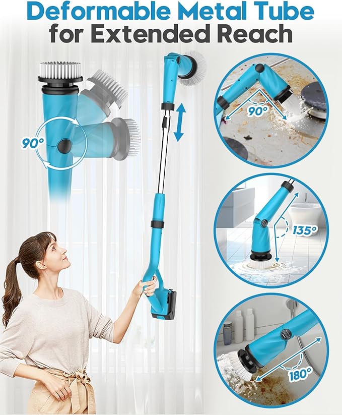 Updated 1500 RPM Battery Electric Spin Scrubber with Handle, 8 Replaceable Shower Scrubber & 2 Battery Powered Cleaning Brush with Display 3 Speed & Adjustable Handle Cordless Power Scrubber for Clean