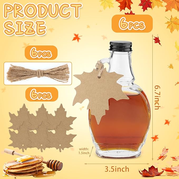 8 oz Maple Syrup Bottles with Loop Handle Black Aluminum Lids and Cotton Twines, Clear Glass Bottles with Round Tag, Maple Syrup Jars Container Sample Bottles for Gift Juice Milk Sauce Storage (12)