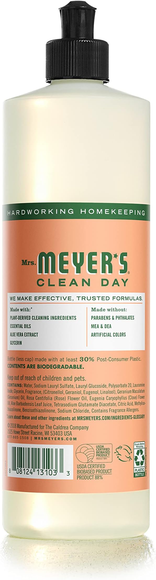 MRS. MEYER'S CLEAN DAY Liquid Dish Soap, Biodegradable Formula, Geranium, 16 Fl. Oz