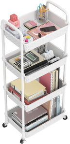 MOYIPIN 4-Tier Plastic Rolling Utility Cart with Handle,Utility Storage Cart for Office, Living Room, Kitchen,Movable Storage Organizer Shelves,White