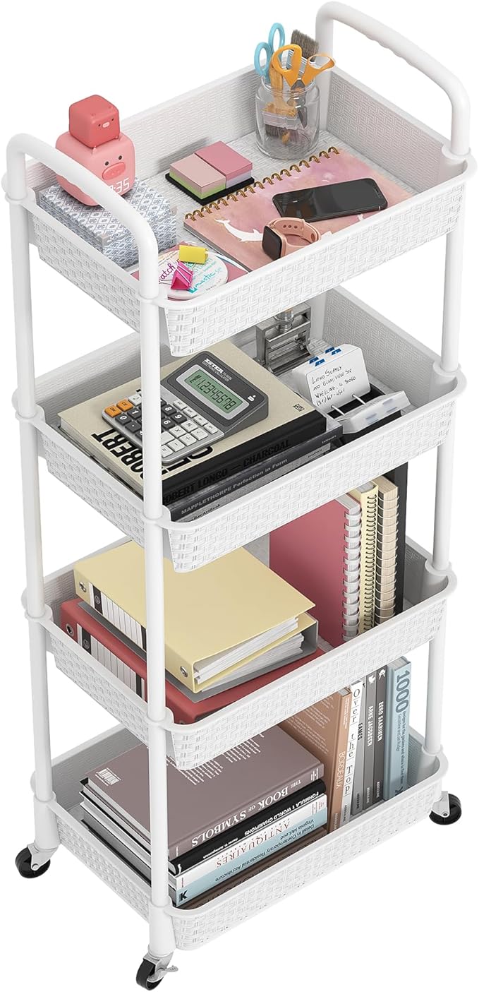 MOYIPIN 4-Tier Plastic Rolling Utility Cart with Handle,Utility Storage Cart for Office, Living Room, Kitchen,Movable Storage Organizer Shelves,White