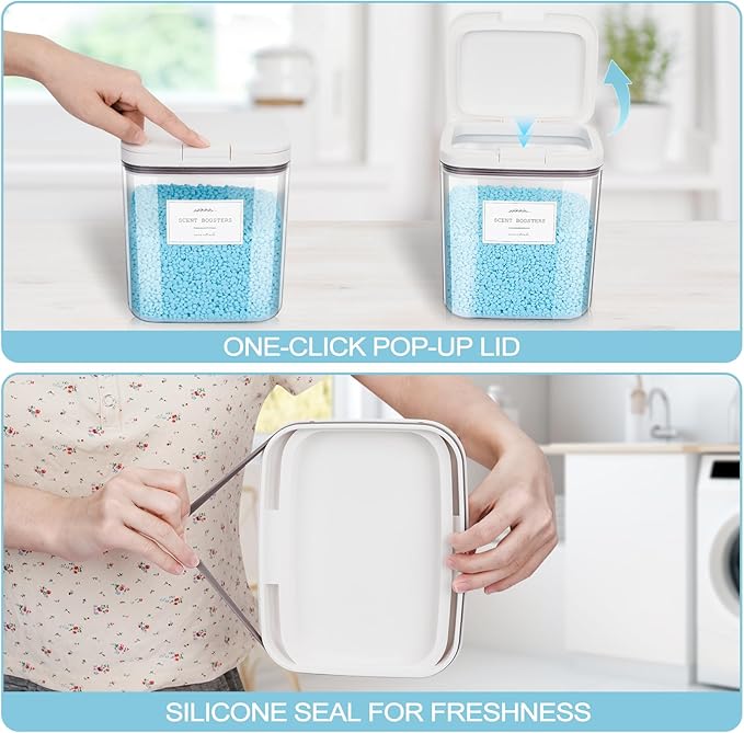 4 Pack Airtight Laundry Detergent Containers & Dryer Sheet Holder with Lids & Scoops, Stackable Laundry Room Organization and Storage for Scent Booster, Powder, Pods