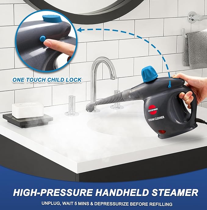 Handheld Steam Cleaner, Pressurized Multi-Surface Steam Shot with 13 Accessories, Safety Lock, Steamer for Cleaning Floor, Upholstery, Grout, Windows, Couch and Car, Grey