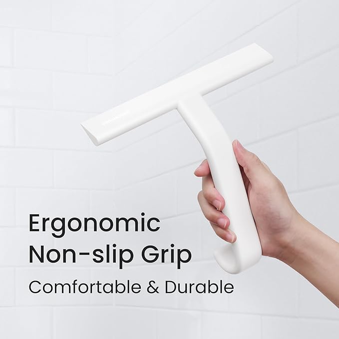 JustHang Shower Squeegee for Glass Doors, All-One-Piece Silicone with Built-in Hook Design for Easy Hanging and Cleaning, 10 Inch White